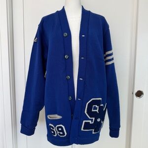 Blue Varsity Award Sweater Cardigan with Letter Patches